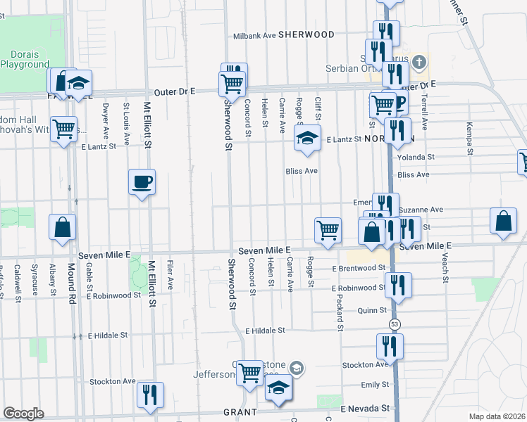 map of restaurants, bars, coffee shops, grocery stores, and more near 19180 Concord Street in Detroit