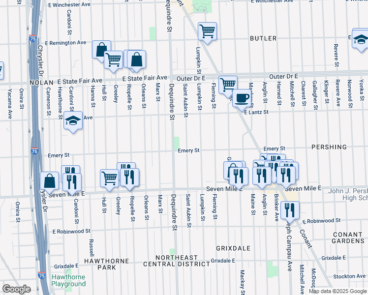 map of restaurants, bars, coffee shops, grocery stores, and more near 19249 Saint Aubin Street in Detroit