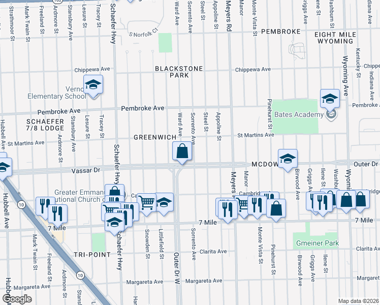 map of restaurants, bars, coffee shops, grocery stores, and more near 4690 Outer Drive West in Detroit