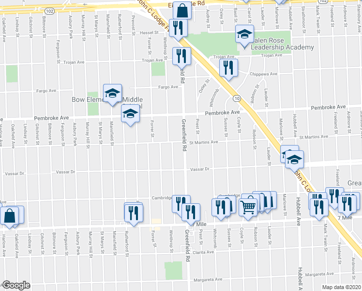 map of restaurants, bars, coffee shops, grocery stores, and more near 19465 Greenfield Road in Detroit