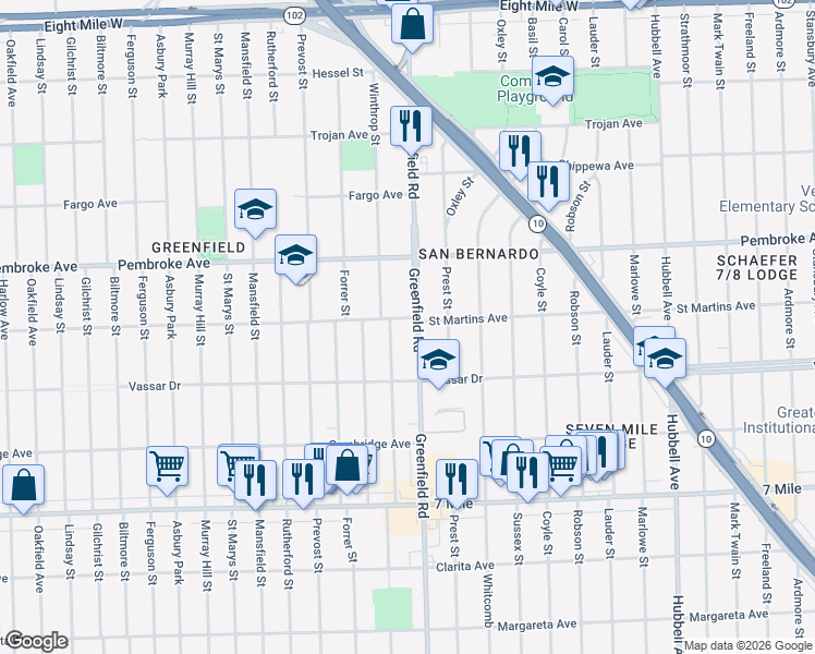 map of restaurants, bars, coffee shops, grocery stores, and more near 19465 Greenfield Road in Detroit
