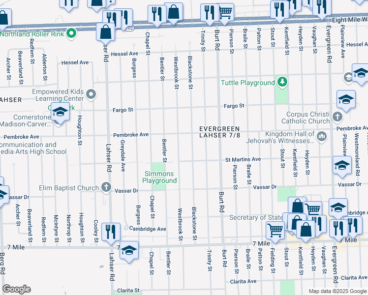 map of restaurants, bars, coffee shops, grocery stores, and more near 19711 Blackstone Street in Detroit