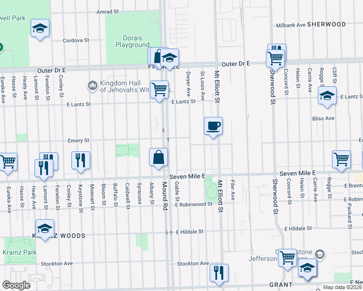 map of restaurants, bars, coffee shops, grocery stores, and more near 19193 Gable Street in Detroit