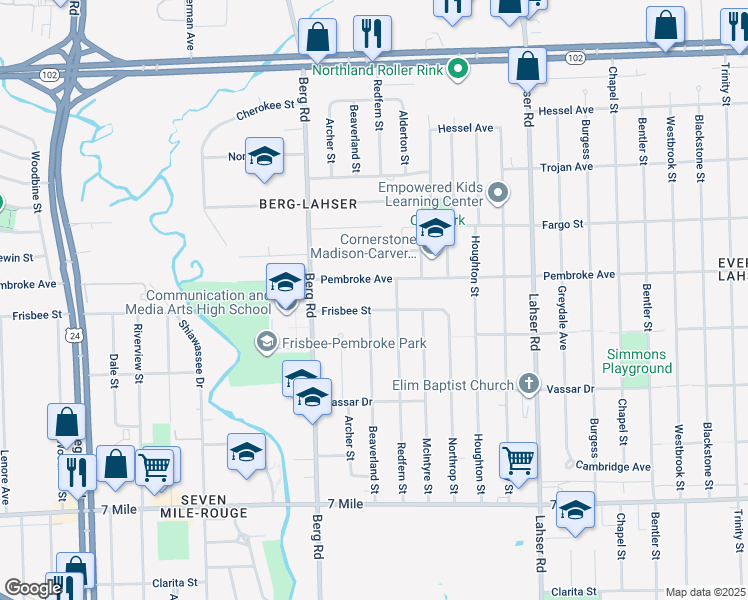 map of restaurants, bars, coffee shops, grocery stores, and more near 22552 Frisbee Street in Detroit
