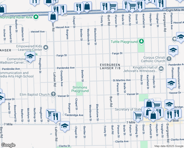 map of restaurants, bars, coffee shops, grocery stores, and more near 19711 Blackstone Street in Detroit