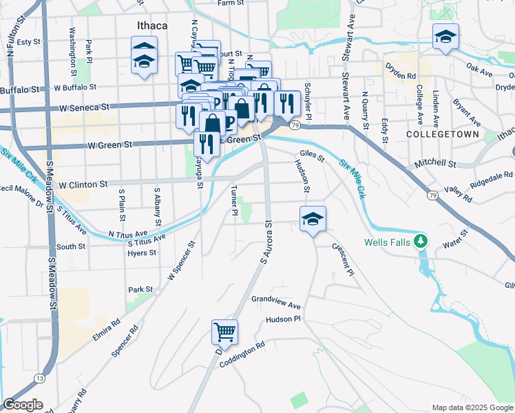 map of restaurants, bars, coffee shops, grocery stores, and more near 123 Columbia Street in Ithaca