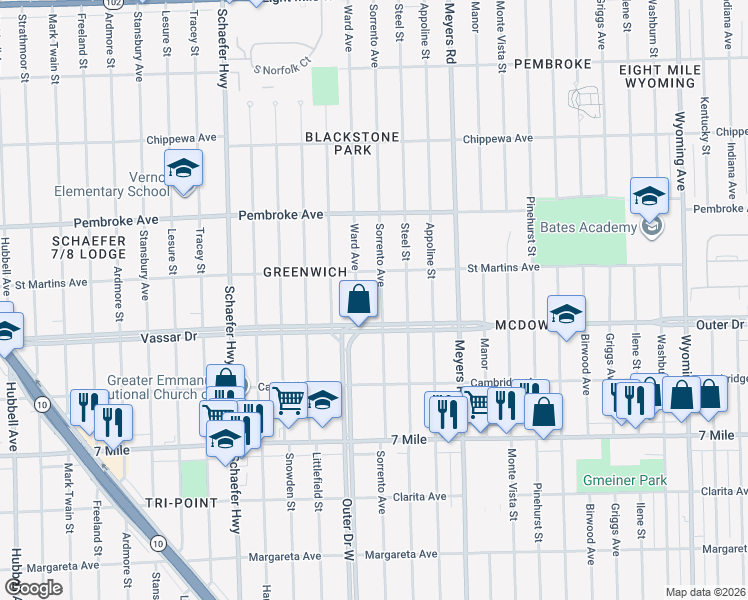 map of restaurants, bars, coffee shops, grocery stores, and more near 4690 Outer Drive West in Detroit