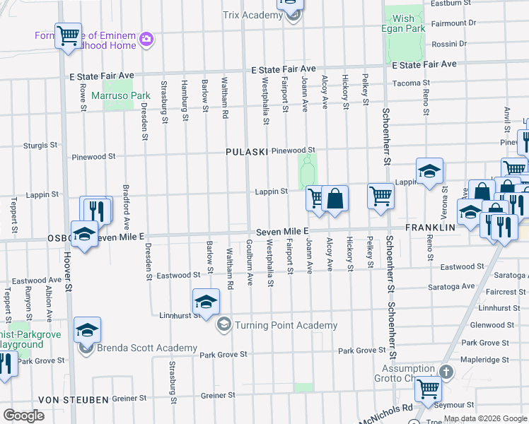 map of restaurants, bars, coffee shops, grocery stores, and more near 12901 Seven Mile East in Detroit