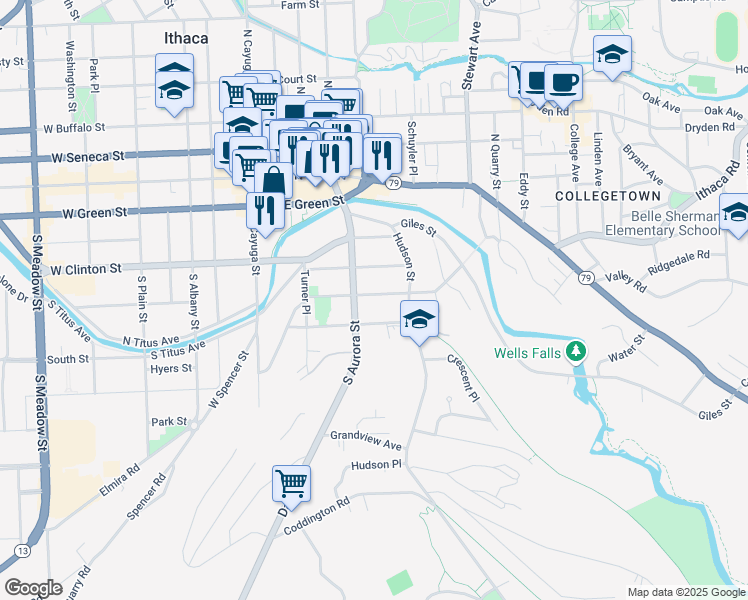 map of restaurants, bars, coffee shops, grocery stores, and more near 211 Columbia Street in Ithaca