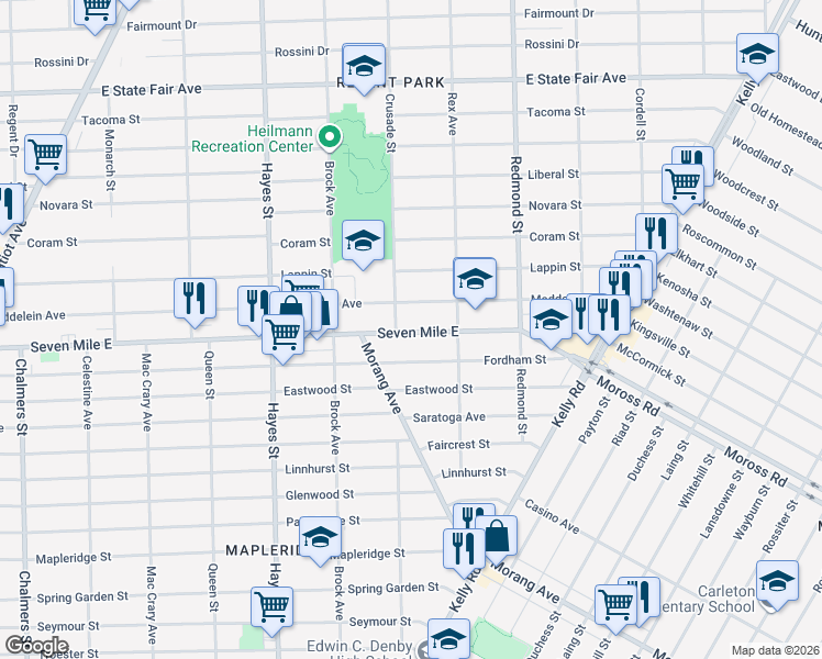 map of restaurants, bars, coffee shops, grocery stores, and more near 15559 Fordham Street in Detroit