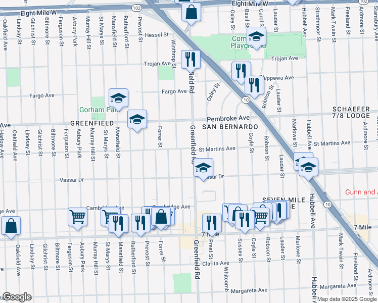 map of restaurants, bars, coffee shops, grocery stores, and more near 19511 Greenfield Road in Detroit