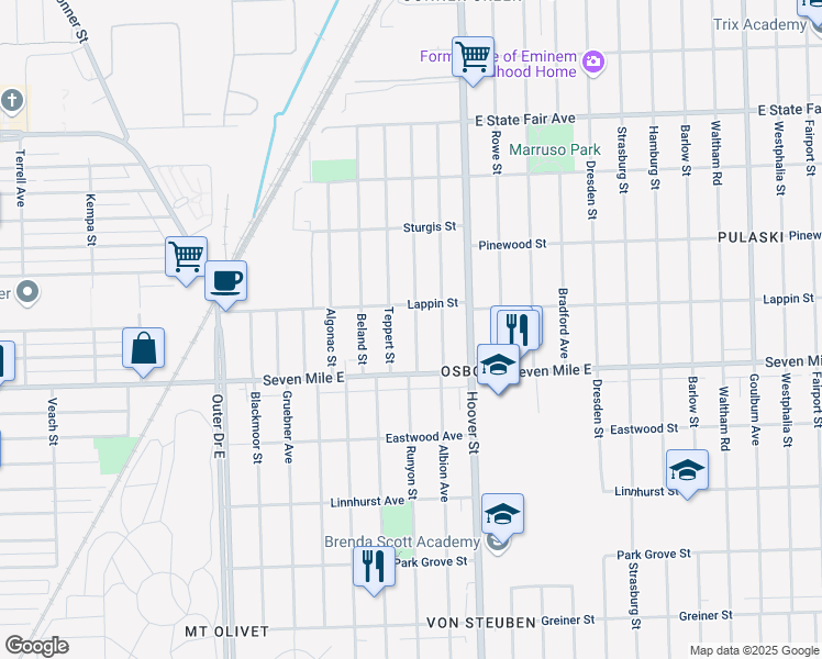 map of restaurants, bars, coffee shops, grocery stores, and more near 19137 Runyon Street in Detroit
