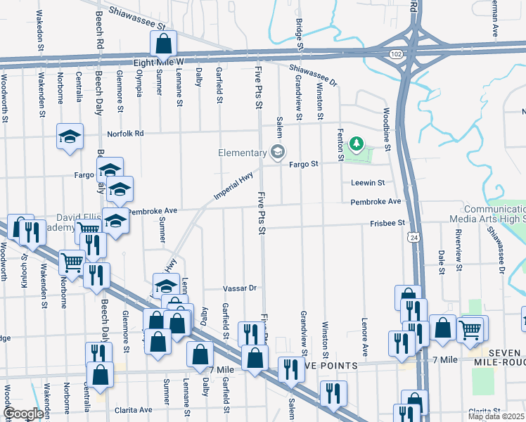 map of restaurants, bars, coffee shops, grocery stores, and more near 19850 Five Points in Detroit