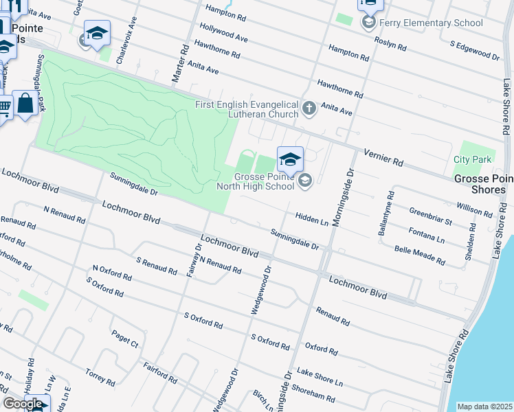 map of restaurants, bars, coffee shops, grocery stores, and more near 880 Sunningdale Drive in Grosse Pointe Woods