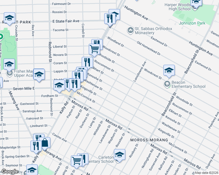 map of restaurants, bars, coffee shops, grocery stores, and more near 18915 Washtenaw Street in Harper Woods