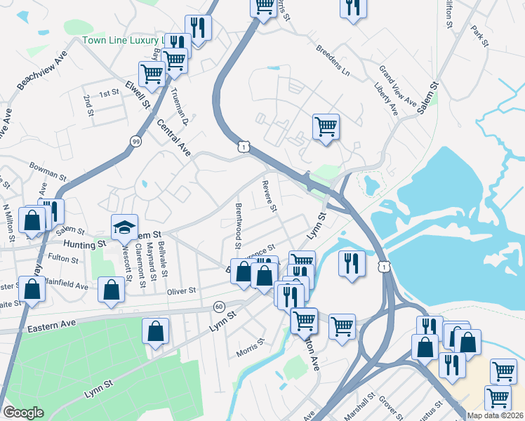 map of restaurants, bars, coffee shops, grocery stores, and more near 62 Wesmur Road in Malden