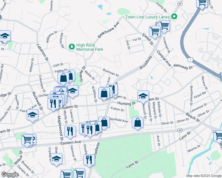 map of restaurants, bars, coffee shops, grocery stores, and more near 354 Broadway in Malden