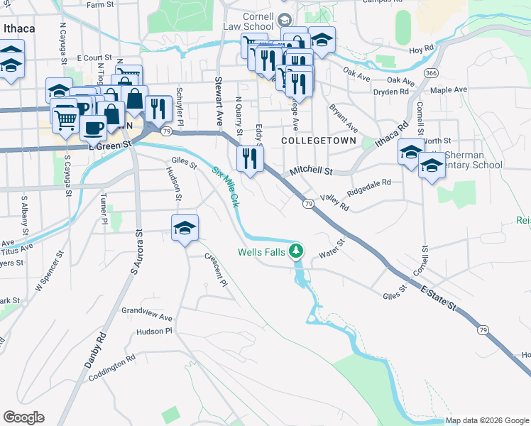 map of restaurants, bars, coffee shops, grocery stores, and more near 113-15 Valentine Place in Ithaca
