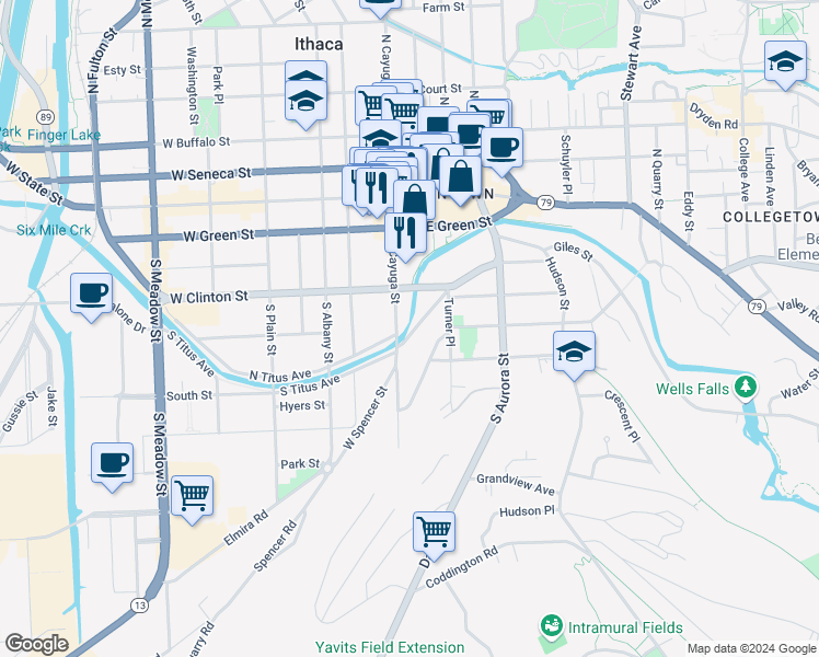 map of restaurants, bars, coffee shops, grocery stores, and more near 119 South Cayuga Street in Ithaca
