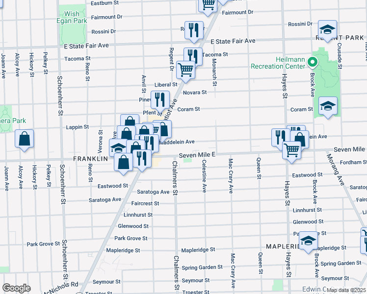 map of restaurants, bars, coffee shops, grocery stores, and more near 14460 Seven Mile East in Detroit