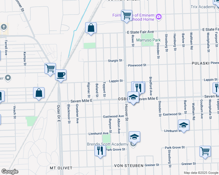 map of restaurants, bars, coffee shops, grocery stores, and more near 19137 Runyon Street in Detroit