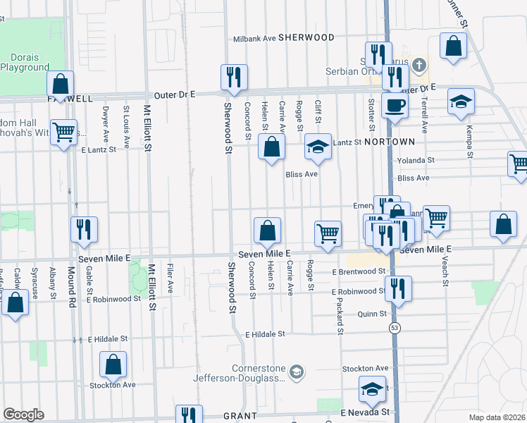 map of restaurants, bars, coffee shops, grocery stores, and more near 19180 Concord Street in Detroit