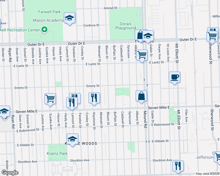 map of restaurants, bars, coffee shops, grocery stores, and more near 19208 Bloom Street in Detroit