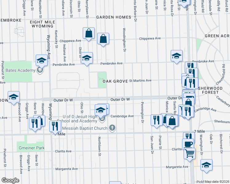 map of restaurants, bars, coffee shops, grocery stores, and more near 3471 Outer Drive West in Detroit