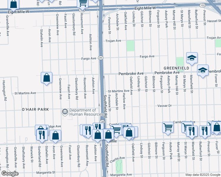 map of restaurants, bars, coffee shops, grocery stores, and more near 19494 Fenmore Street in Detroit