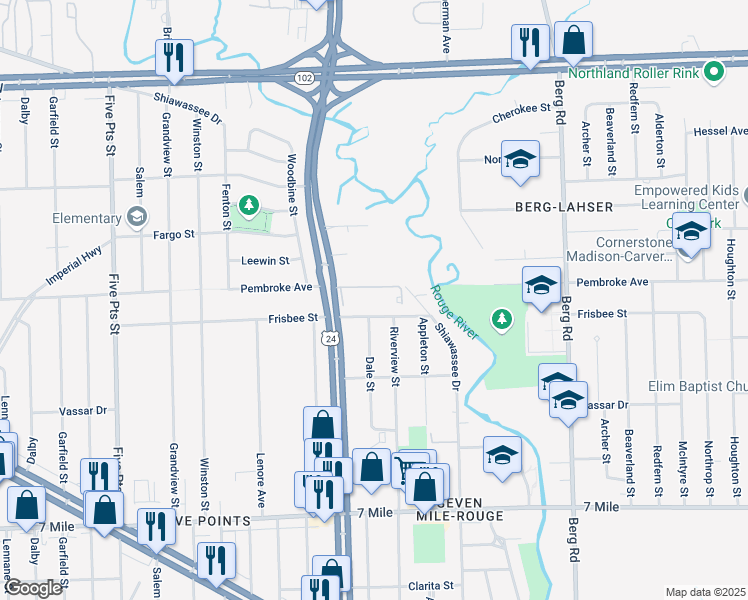 map of restaurants, bars, coffee shops, grocery stores, and more near 19723 Dale Street in Detroit