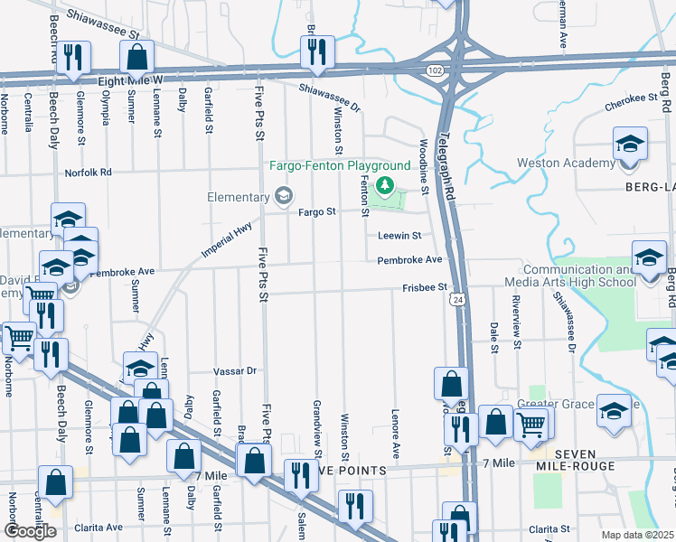 map of restaurants, bars, coffee shops, grocery stores, and more near 19845 Winston Street in Detroit