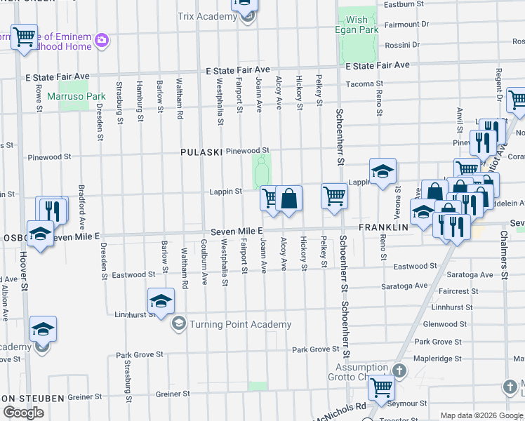 map of restaurants, bars, coffee shops, grocery stores, and more near 13033 Seven Mile East in Detroit