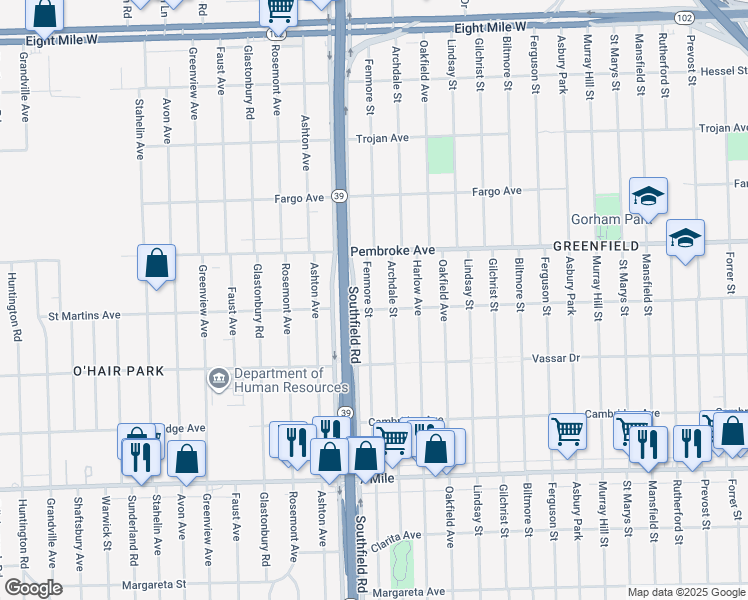 map of restaurants, bars, coffee shops, grocery stores, and more near 19494 Fenmore Street in Detroit