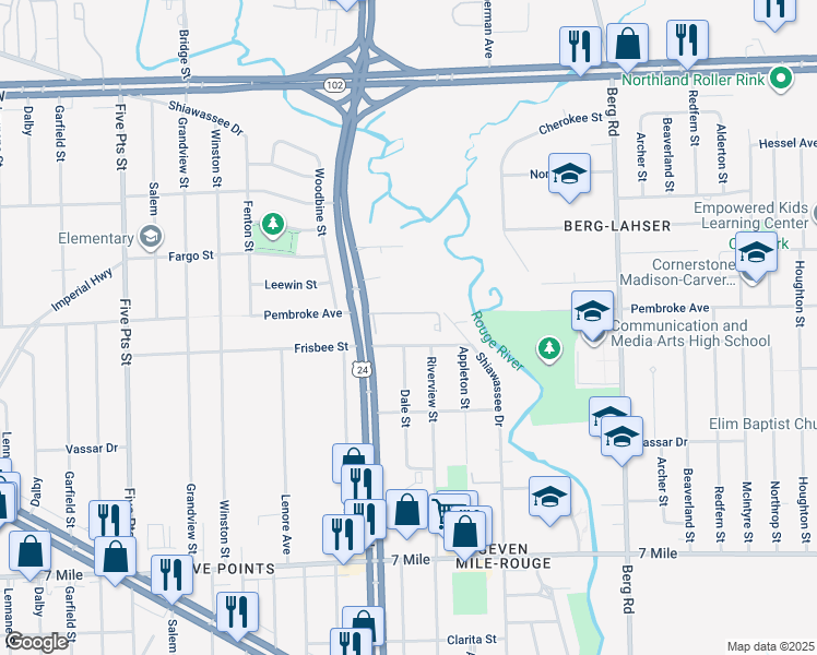map of restaurants, bars, coffee shops, grocery stores, and more near 19800 Telegraph Road in Detroit