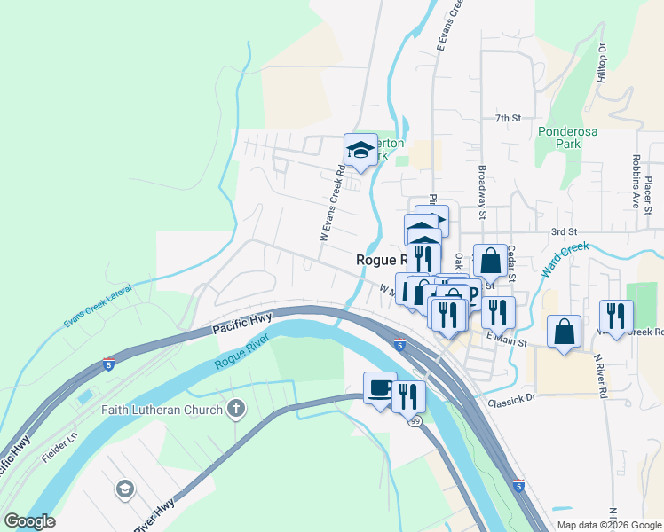map of restaurants, bars, coffee shops, grocery stores, and more near 4514 Foothill Boulevard in Rogue River