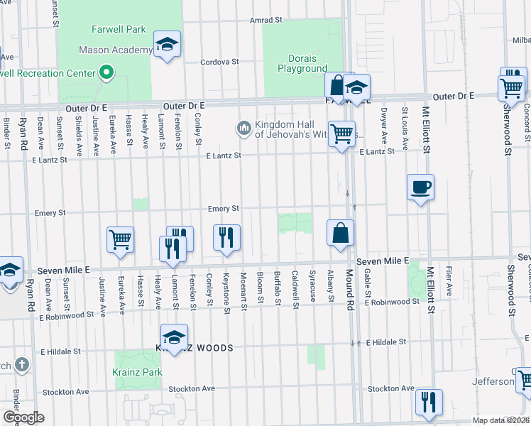 map of restaurants, bars, coffee shops, grocery stores, and more near 19208 Bloom Street in Detroit