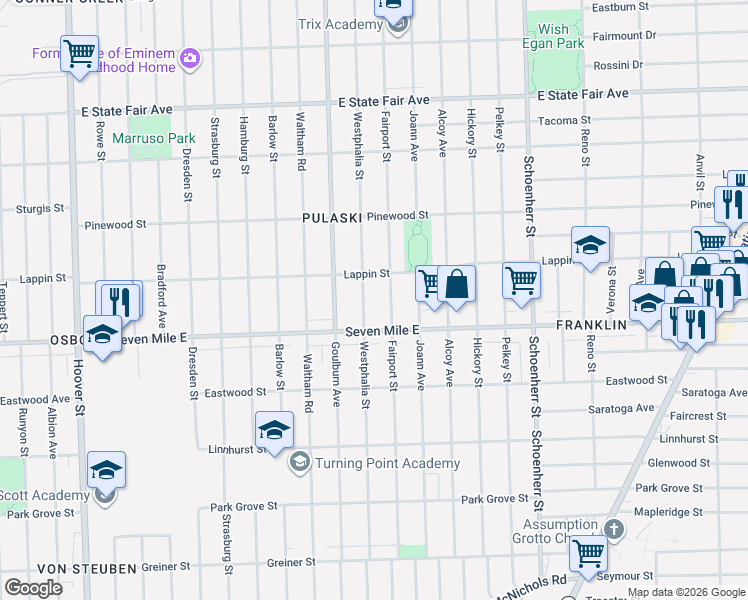 map of restaurants, bars, coffee shops, grocery stores, and more near 19214 Westphalia Street in Detroit
