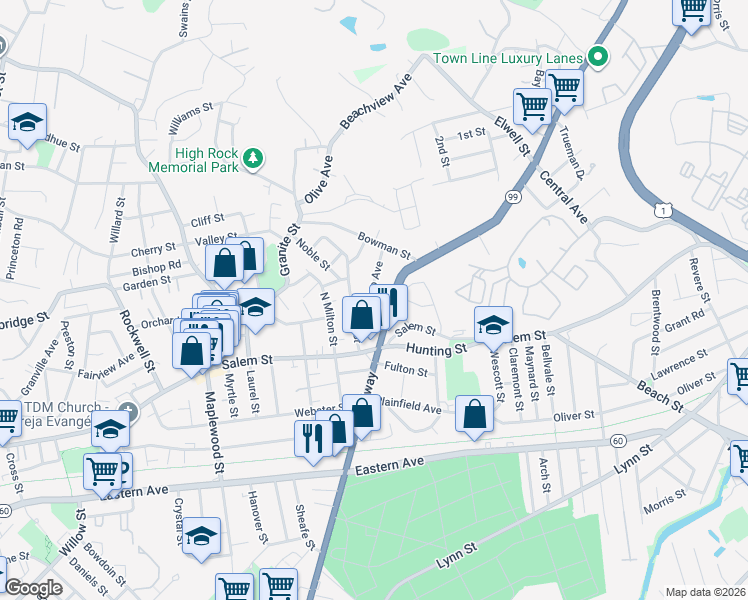 map of restaurants, bars, coffee shops, grocery stores, and more near 57 Durso Avenue in Malden