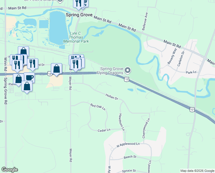 map of restaurants, bars, coffee shops, grocery stores, and more near 1747-1899 U.S. 12 in Spring Grove