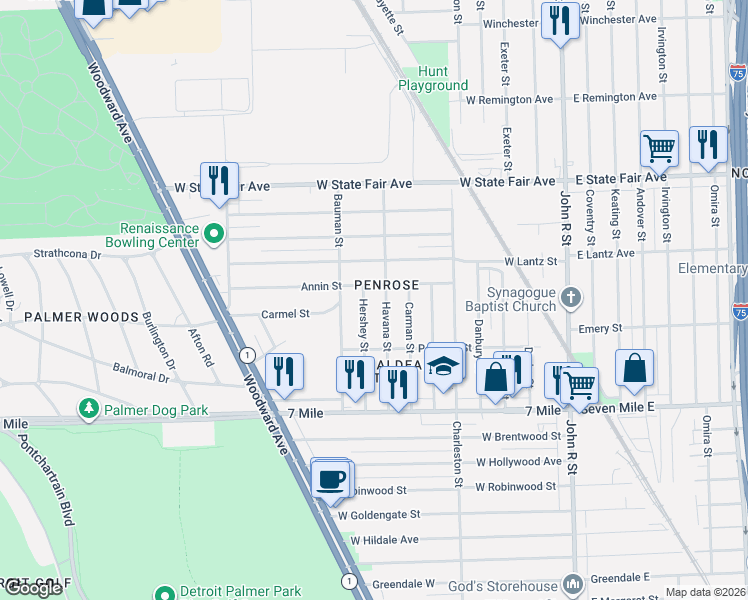 map of restaurants, bars, coffee shops, grocery stores, and more near 708 Annin Street in Highland Park