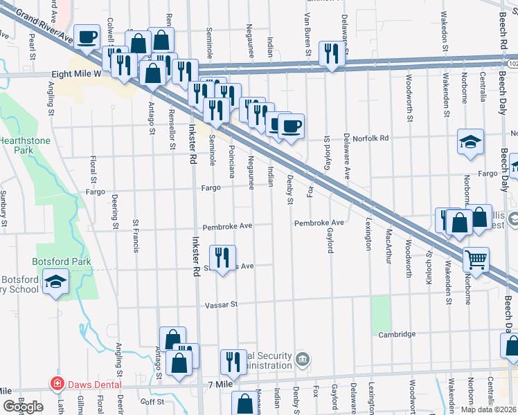 map of restaurants, bars, coffee shops, grocery stores, and more near 19985 Negaunee in Redford Charter Township