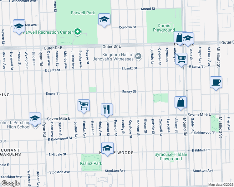 map of restaurants, bars, coffee shops, grocery stores, and more near 19269 Conley Street in Detroit