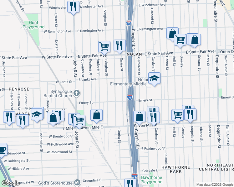 map of restaurants, bars, coffee shops, grocery stores, and more near 19408 Yacama Avenue in Highland Park