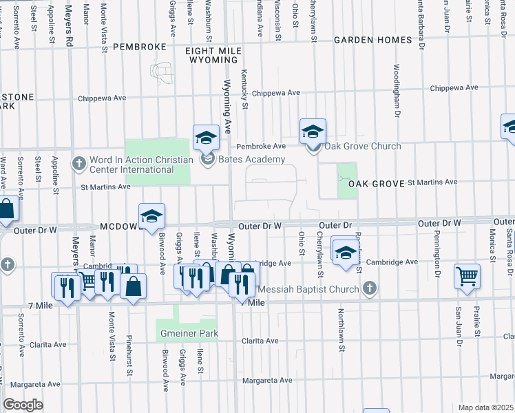 map of restaurants, bars, coffee shops, grocery stores, and more near 8805 Kingswood Street in Detroit