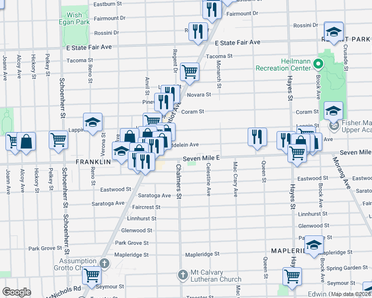 map of restaurants, bars, coffee shops, grocery stores, and more near 14422 Maddelein Street in Detroit