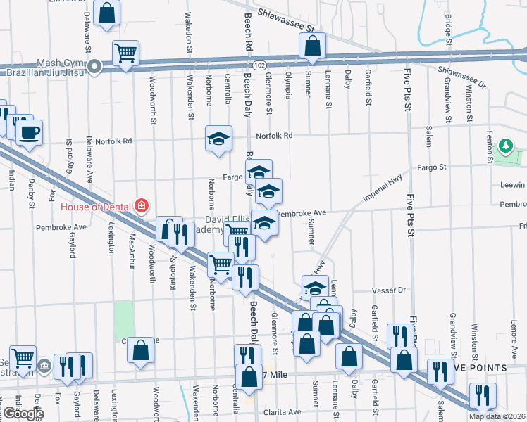 map of restaurants, bars, coffee shops, grocery stores, and more near 19990 Beech Daly Road in Redford Charter Township