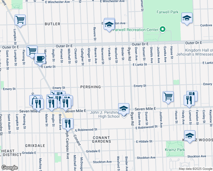 map of restaurants, bars, coffee shops, grocery stores, and more near 19350 Norwood Street in Detroit