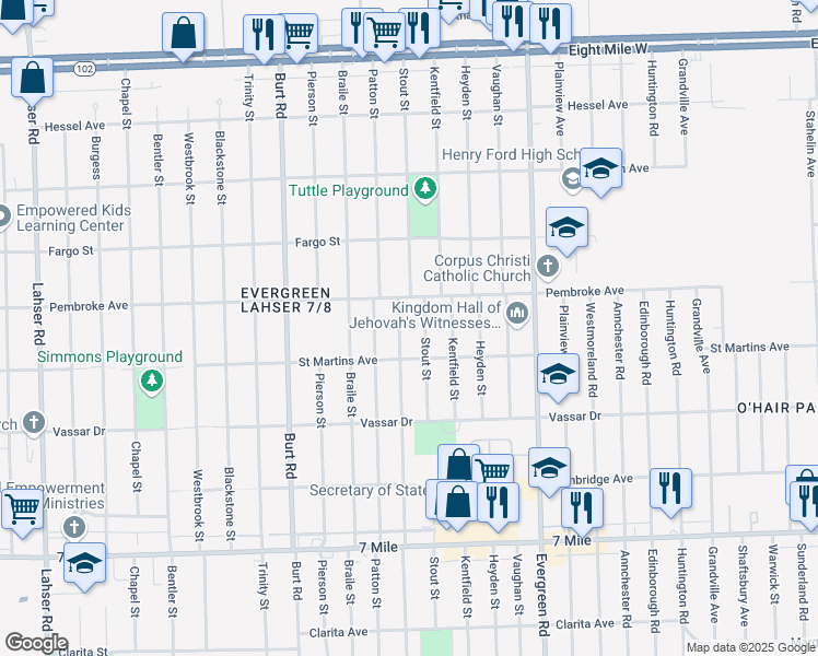 map of restaurants, bars, coffee shops, grocery stores, and more near 19758 Fielding Street in Detroit