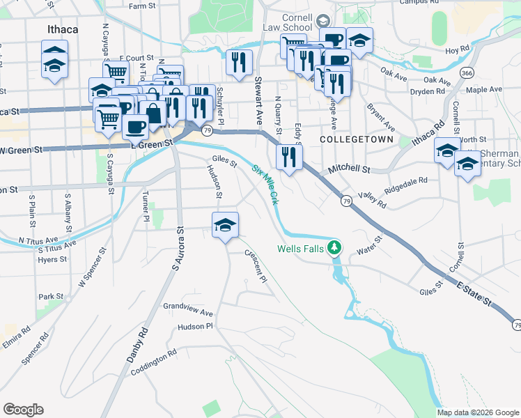 map of restaurants, bars, coffee shops, grocery stores, and more near 207 Giles Street in Ithaca
