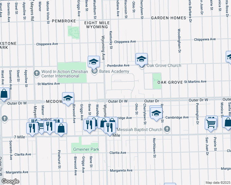 map of restaurants, bars, coffee shops, grocery stores, and more near 8805 Kingswood Street in Detroit